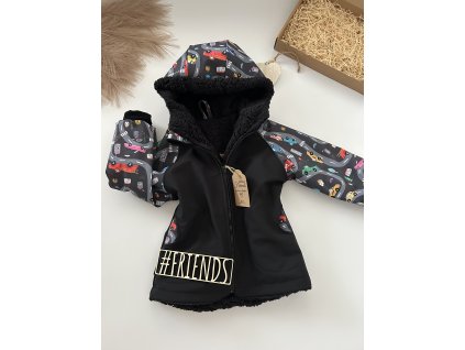 Dětská softshellová bunda s beránkem, zimní, černá, vzor auta, kluk