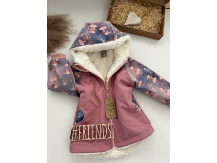 Dětská softshellová bunda s beránkem, zimní, starorůžová, vzor víla, holka