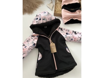 Dětská softshellová bunda s beránkem, zimní, černá vzor kočky, holka