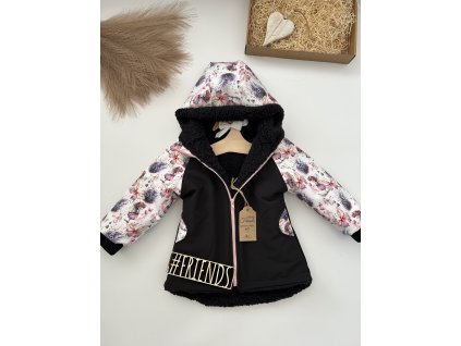 Dětská softshellová bunda s beránkem, zimní, černá vzor víla, holka