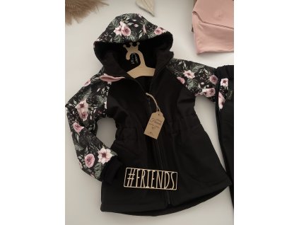Dětskà softshellová bunda s beránkem, zimní, černá, růžové květy, holka