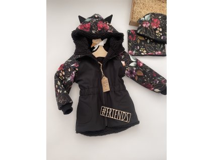 Dětská softshellová bunda s beránek, zimní, černá, květy, holka
