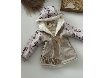 Dětská softshellová bunda zimní s beránkem, béžová/ vzor zajíček, holka