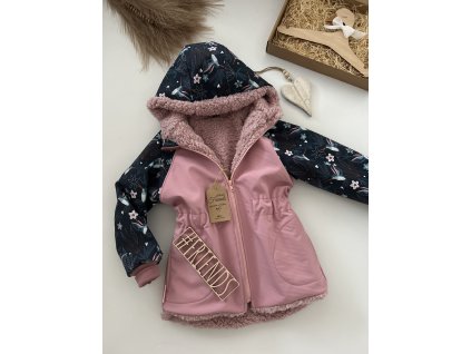 Dětská softshellová bunda s beránkem, zimní, starorůžová, vzor ptáci, holka