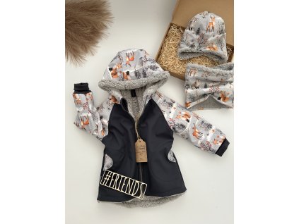 Dětská softshellová bunda s beránkem, zimní, šedá, vzor zvířátka kluk