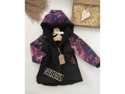 Dětská softshellová bunda s beránkem zimní, černá vzor barevný les - holka