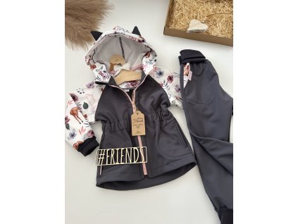 Dětská rostoucí softshellová souprava, jaro, podzim, léto, šedá vzor srnky