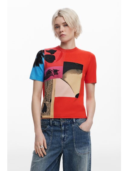 Dámské triko DESIGUAL 25SWTKAL 3136 TS RED COLLAGE LACROIX (velikost XS)