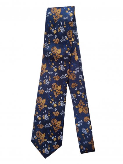 Modrá pánská kravata se zlato hnědým květinovým vzorem
