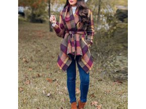 Dámská kostkovaný kabát v podzimních barvách na zavazování - až 3XL