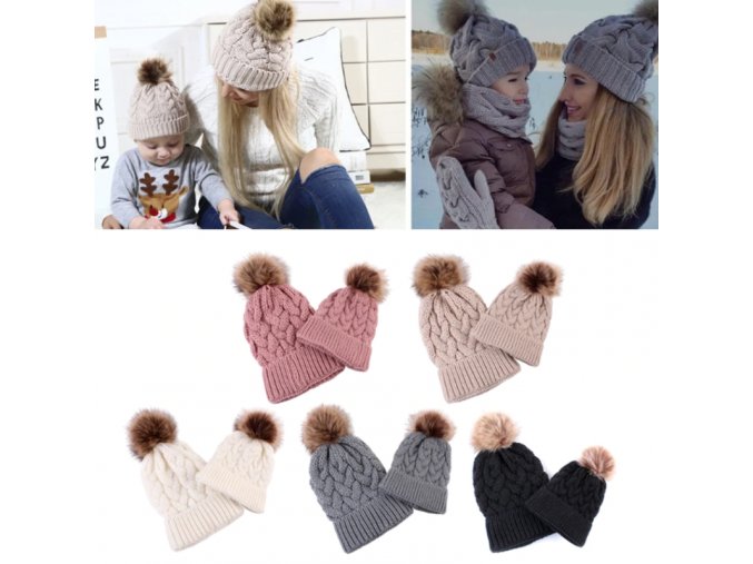 Zimné pletené čiapky s brmbolcom - set pre mamičku a bábätko