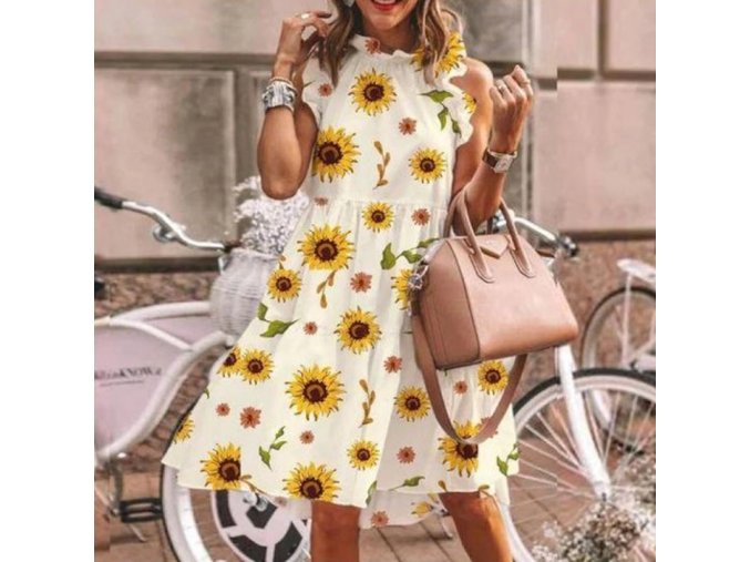 Elegantné slnečnicové šaty s čipkou okolo rukávov a krku
