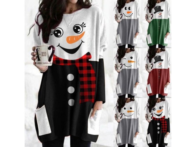 Zimné zateplené šaty s dlhým rukávom a potlačou snehuliaka