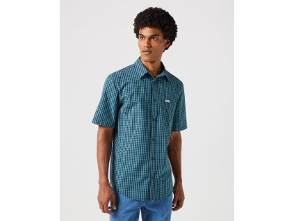 Pánská košile krátký rukáv WRANGLER 112350482 SS 1 PKT SHIRT Hydro Blue