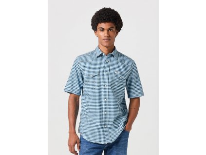 Pánská košile krátký rukáv WRANGLER 112350512 SS WESTERN SHIRT BLUE Tonal Gingham