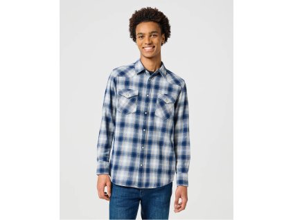 Pánská flanelová košile dlouhý rukáv WRANGLER 112357398 WESTERN SHIRT Blue Shadow