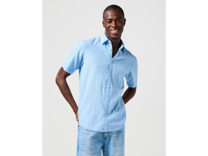 Pánská lněná košile krátký rukáv WRANGLER 112362731 SS 1 PKT SHIRT Pacific Blue