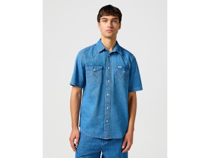Pánská džínová košile krátký rukáv WRANGLER 112362743 SS WESTERN SHIRT Mid Wash