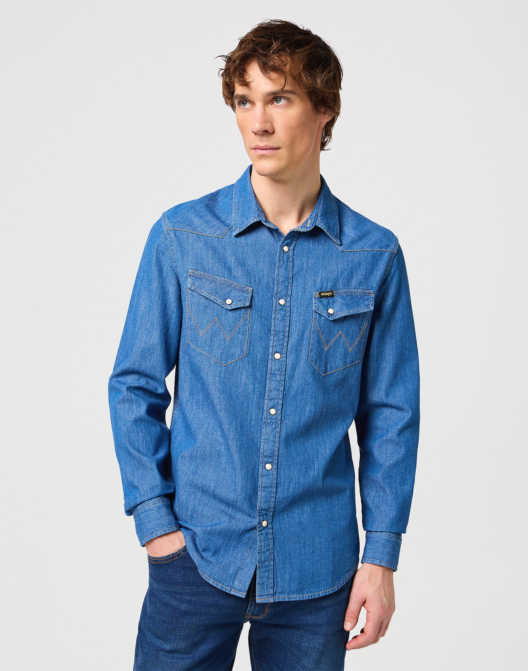 Pánská džínová košile WRANGLER W5F25K14V 112130117 LS WESTERN SHIRT Mid Stone Velikost: XL