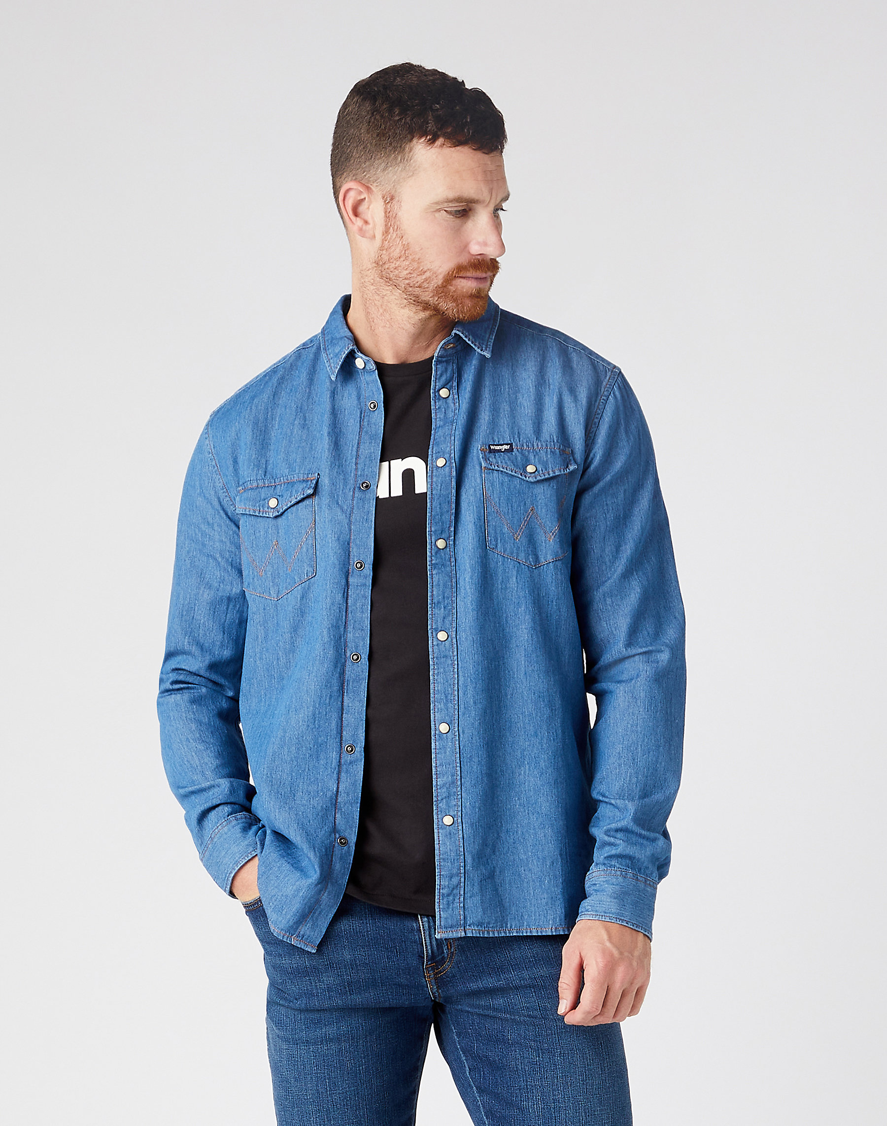 Pánská džínová košile WRANGLER W5M7C3X8E LS DENIM SHIRT Mid Indigo Velikost: XXL