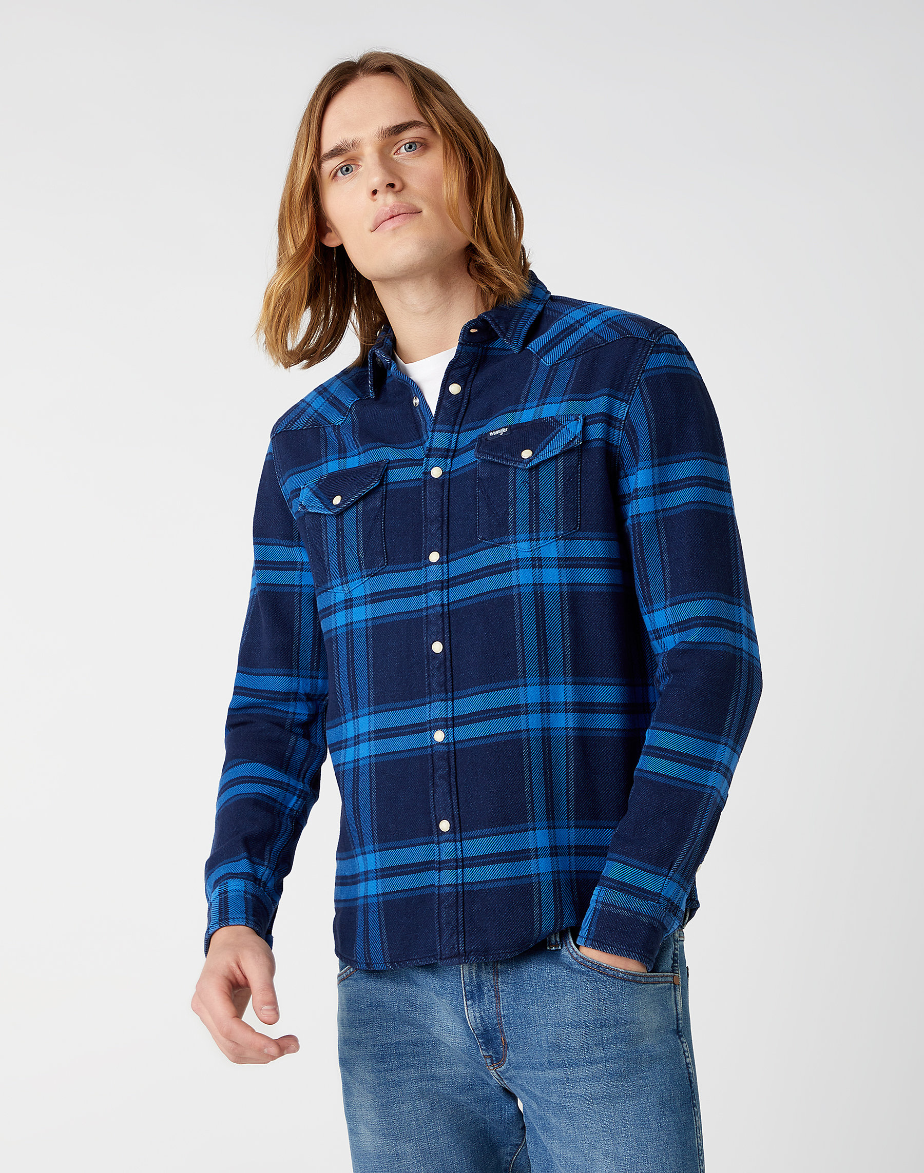 Pánská flanelová košile WRANGLER W5A0MTX05 LS WESTERN SHIRT Wrangler Blue Velikost: M