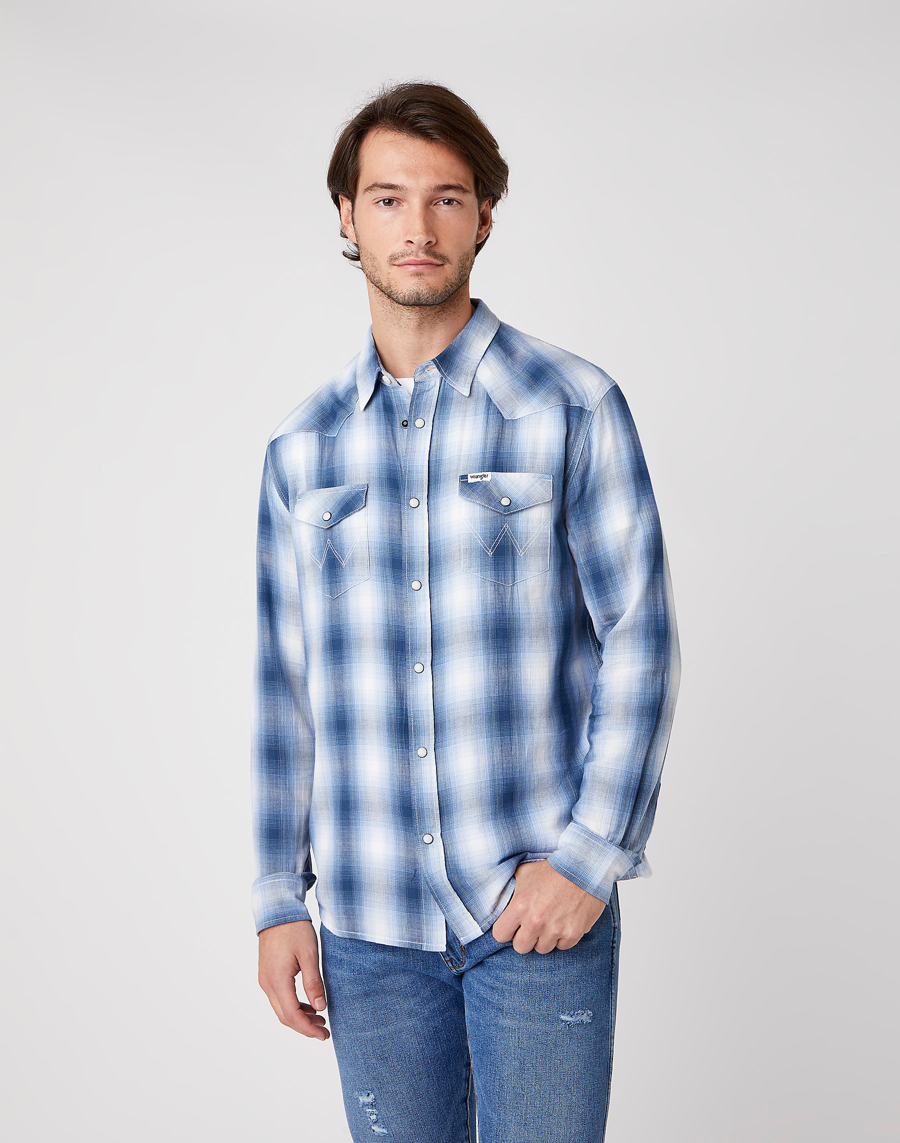 Pánská košile WRANGLER W5A09TXVT LS WESTERN SHIRT Cerulean Blue Velikost: S