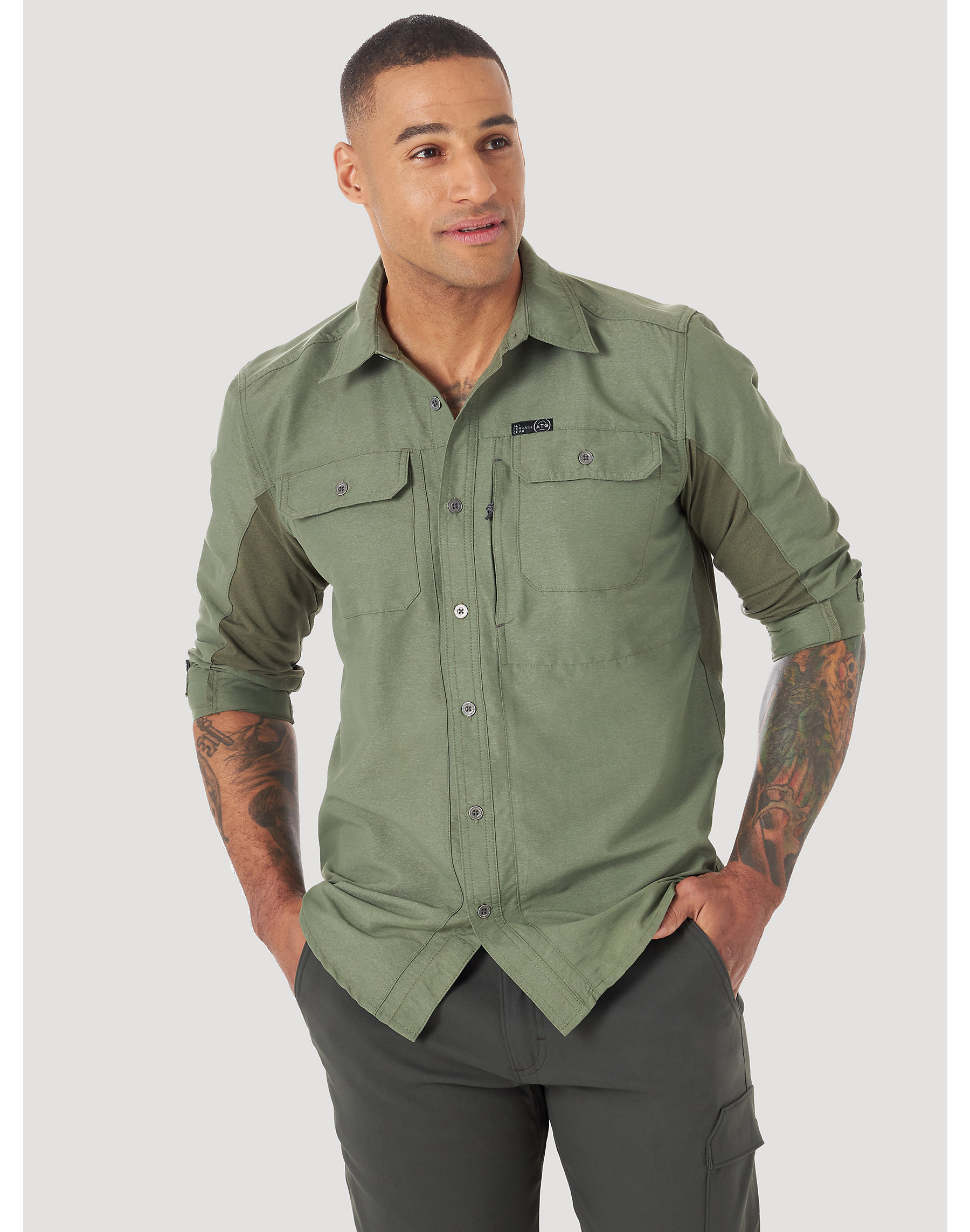 Pánská košile WRANGLER WA5B5TX45 MIXED MATERIAL SHIRT Dusty Olive Velikost: S