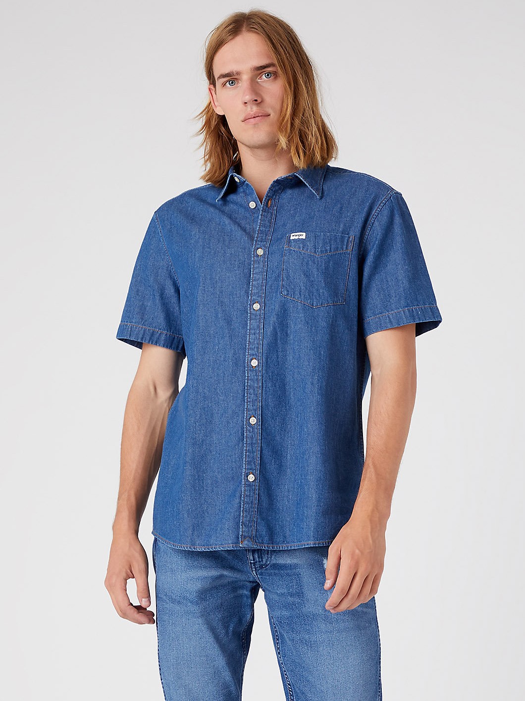 Pánská džínová košile WRANGLER W5K05K96N SS 1 PKT SHIRT Dark Stone Velikost: M