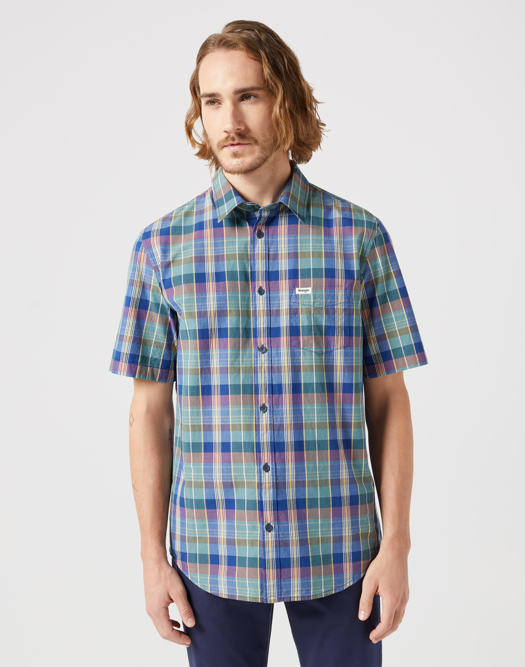 Pánská košile krátký rukáv WRANGLER 112350503 SS 1 PKT SHIRT Blue Madaras Velikost: L