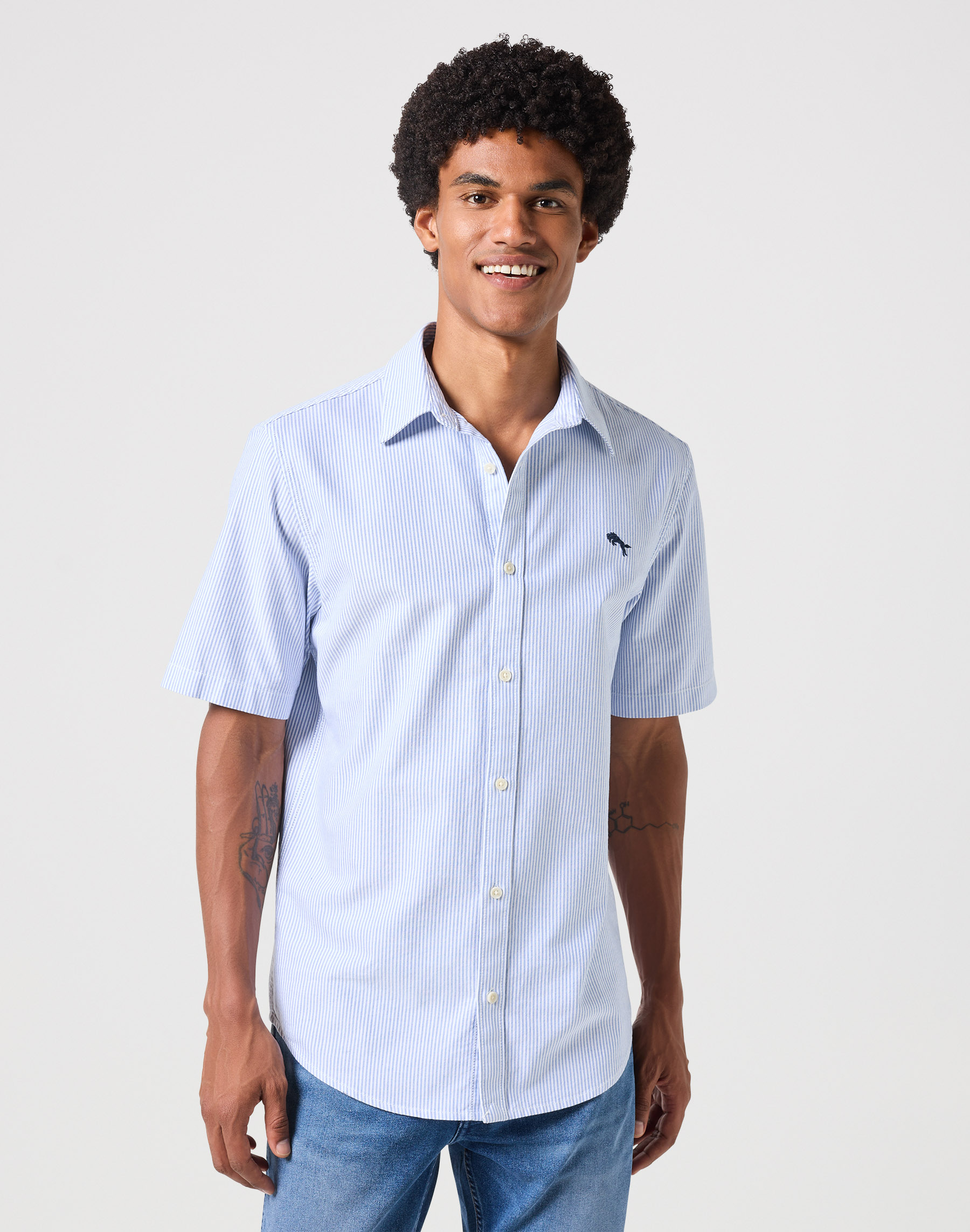 Pánská košile krátký rukáv WRANGLER 112350486 SS SHIRT Blue Stripe Oxford Velikost: S