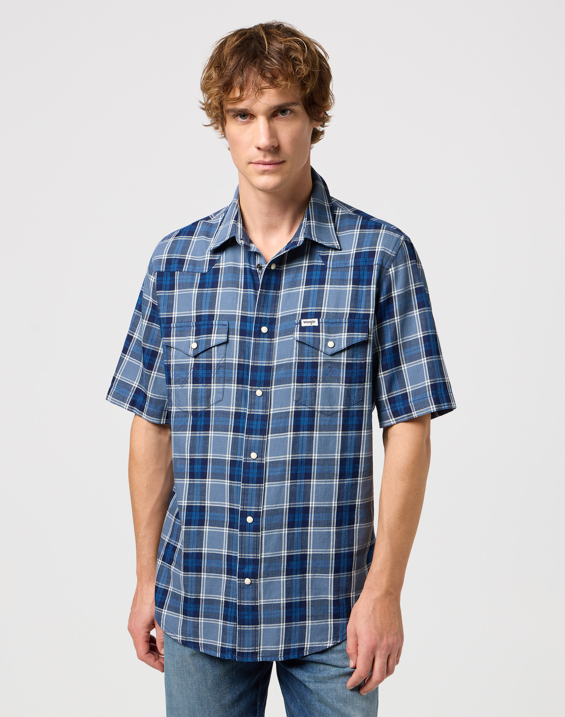 Pánská košile krátký rukáv WRANGLER 112350509 SS WESTERN SHIRT Light Blue Indigo Velikost: M