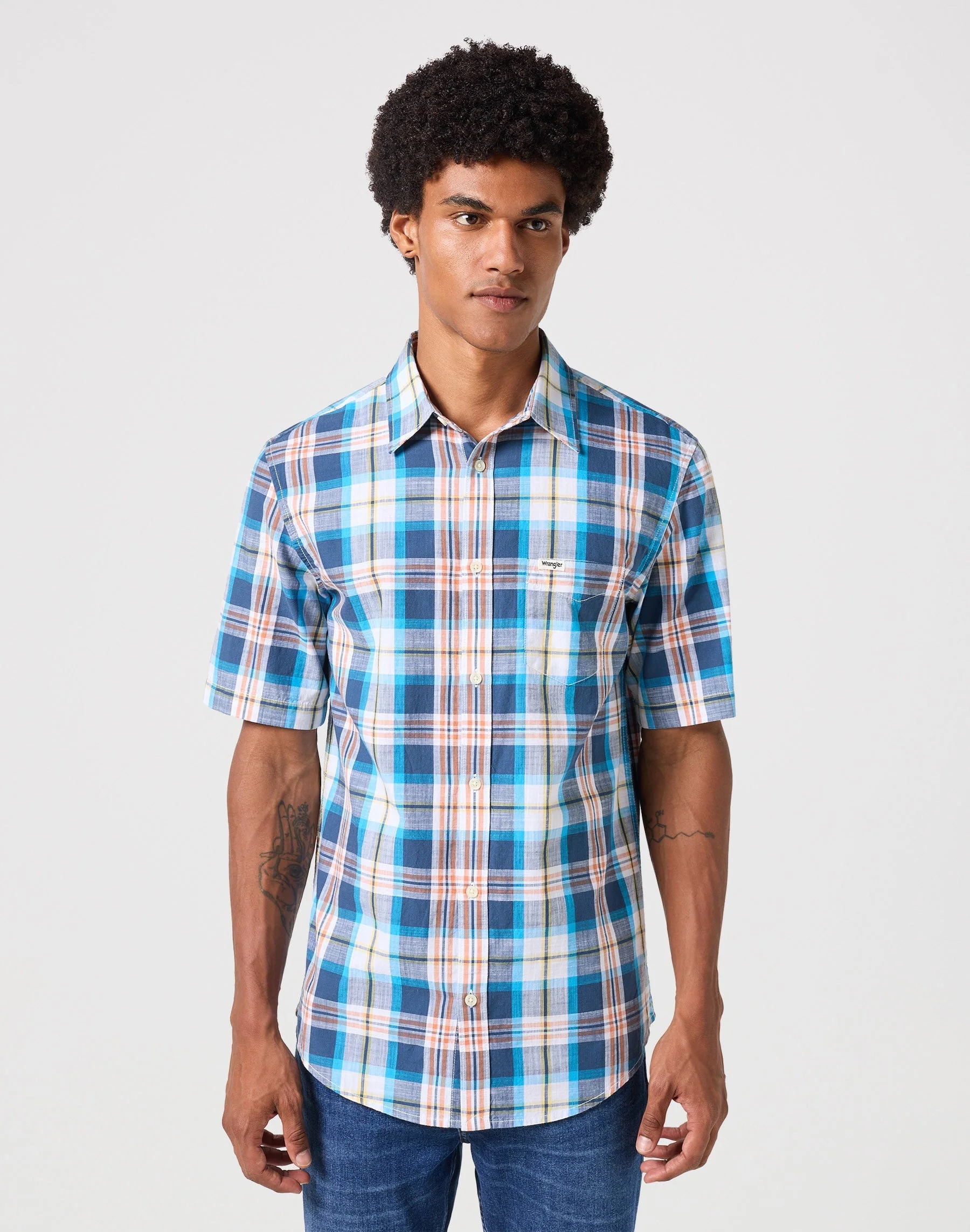 Pánská košile krátký rukáv WRANGLER 112353166 SS 1 PKT SHIRT Navy Velikost: M