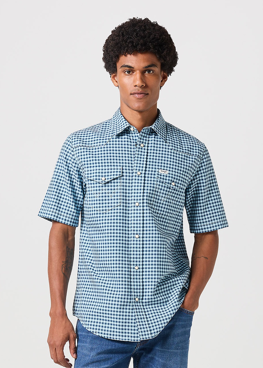 Pánská košile krátký rukáv WRANGLER 112350512 SS WESTERN SHIRT BLUE Tonal Gingham Velikost: L