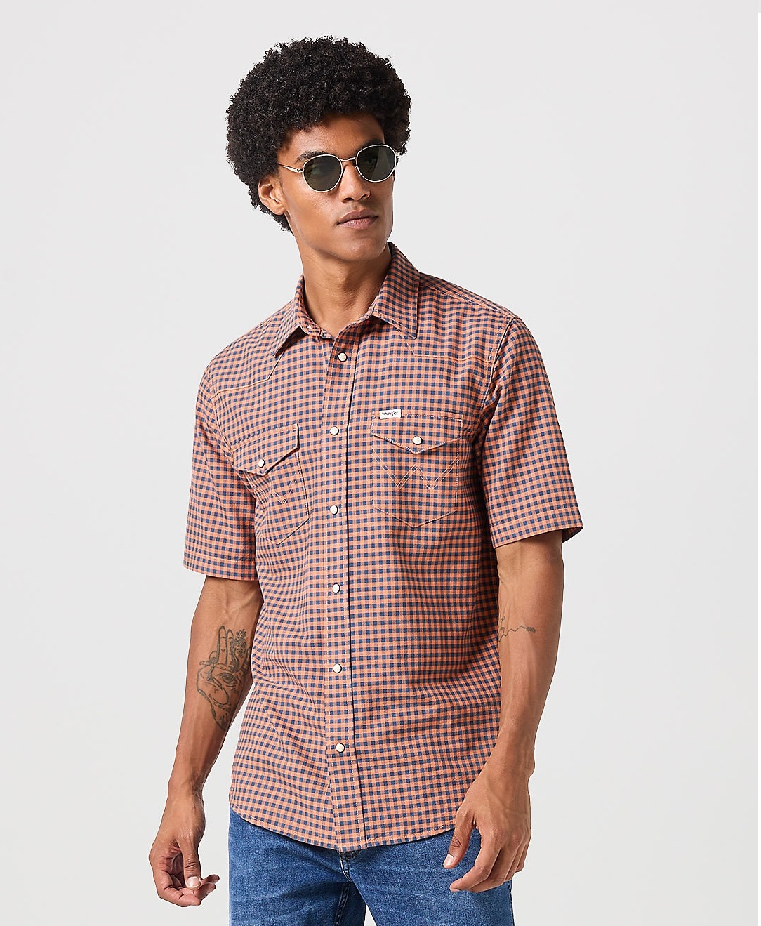 Pánská košile krátký rukáv WRANGLER 112350513 SS WESTERN SHIRT BLUE Orange Gingham Velikost: L