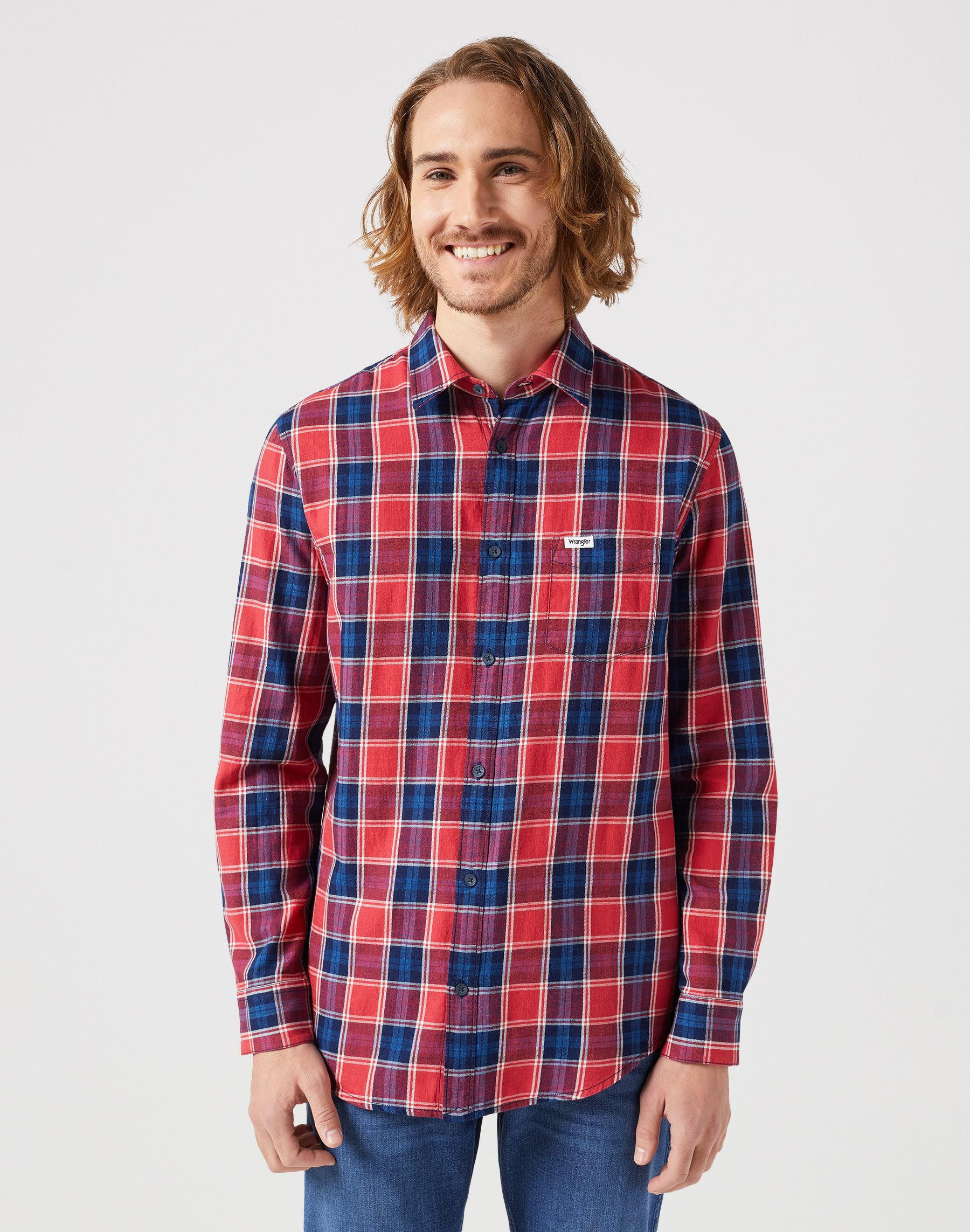 Pánská košile WRANGLER 112350396 LS 1 PKT SHIRT Red Indigo Velikost: M