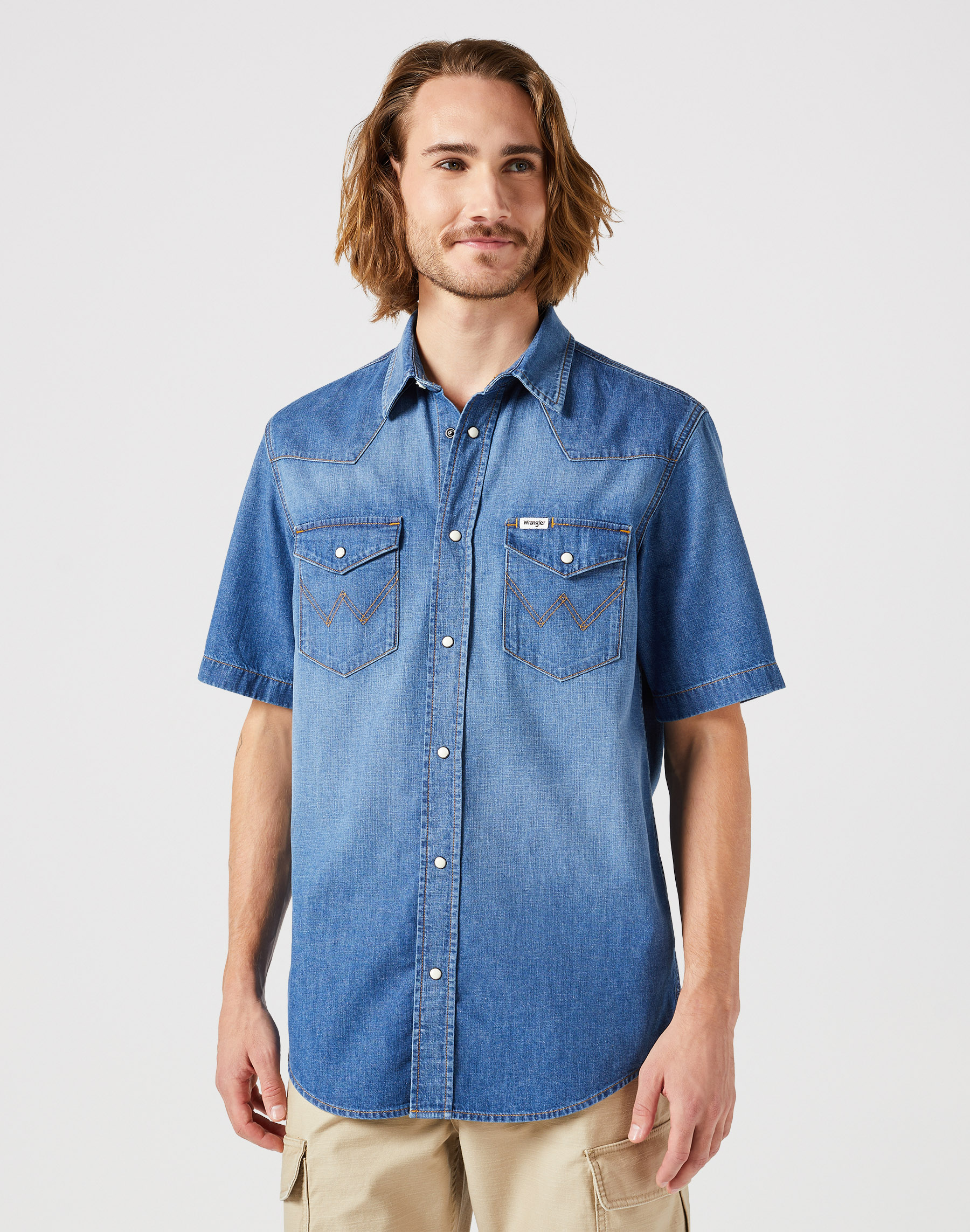Pánská džínová košile krátký rukáv WRANGLER 112350572 SS WESTERN SHIRT Dusky Velikost: L