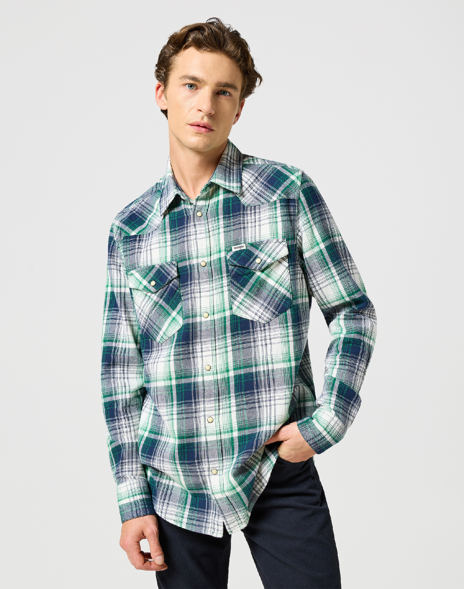 Pánská košile dlouhý rukáv WRANGLER 112357242 WESTERN SHIRT Green Blue Velikost: M
