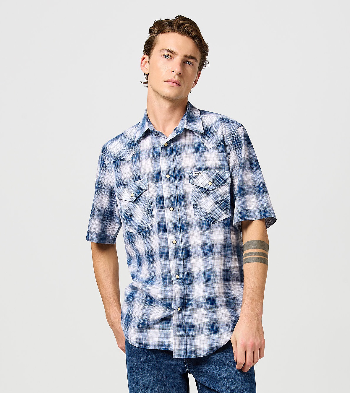 Pánská košile krátký rukáv WRANGLER 112362381 SS WESTERN SHIRT Blue Shadow Velikost: M