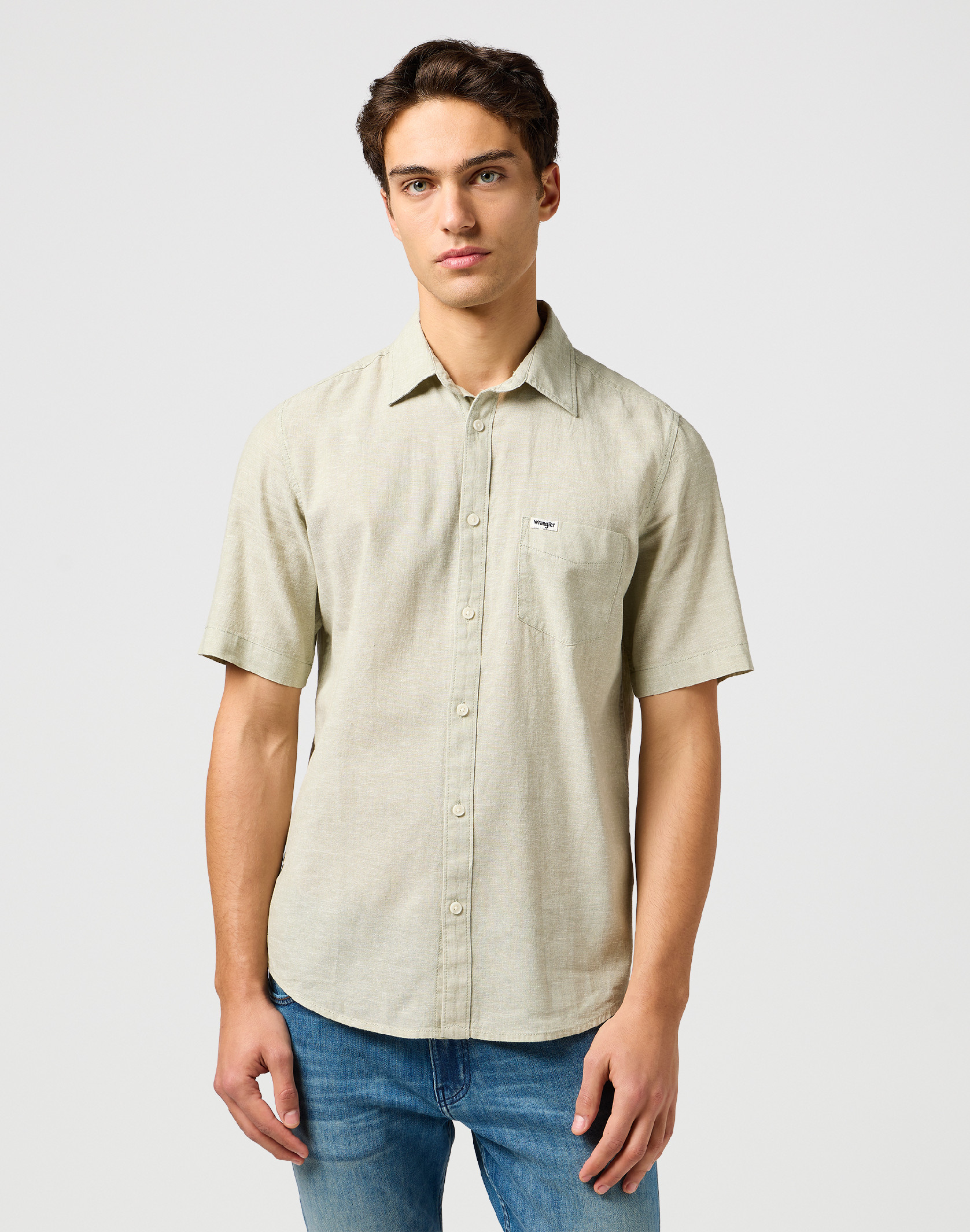 Pánská lněná košile krátký rukáv WRANGLER 112362730 SS 1 PKT SHIRT Tea Velikost: 4XL