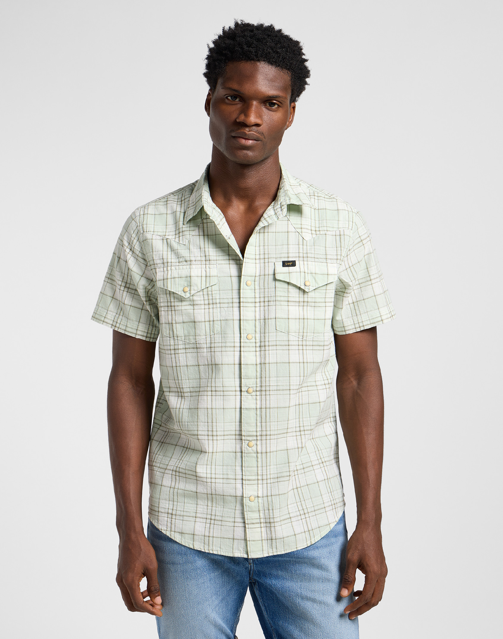 Pánská košile krátký rukáv LEE 112364120 SS WESTERN SHIRT Mercantile Sage Ombre Velikost: M