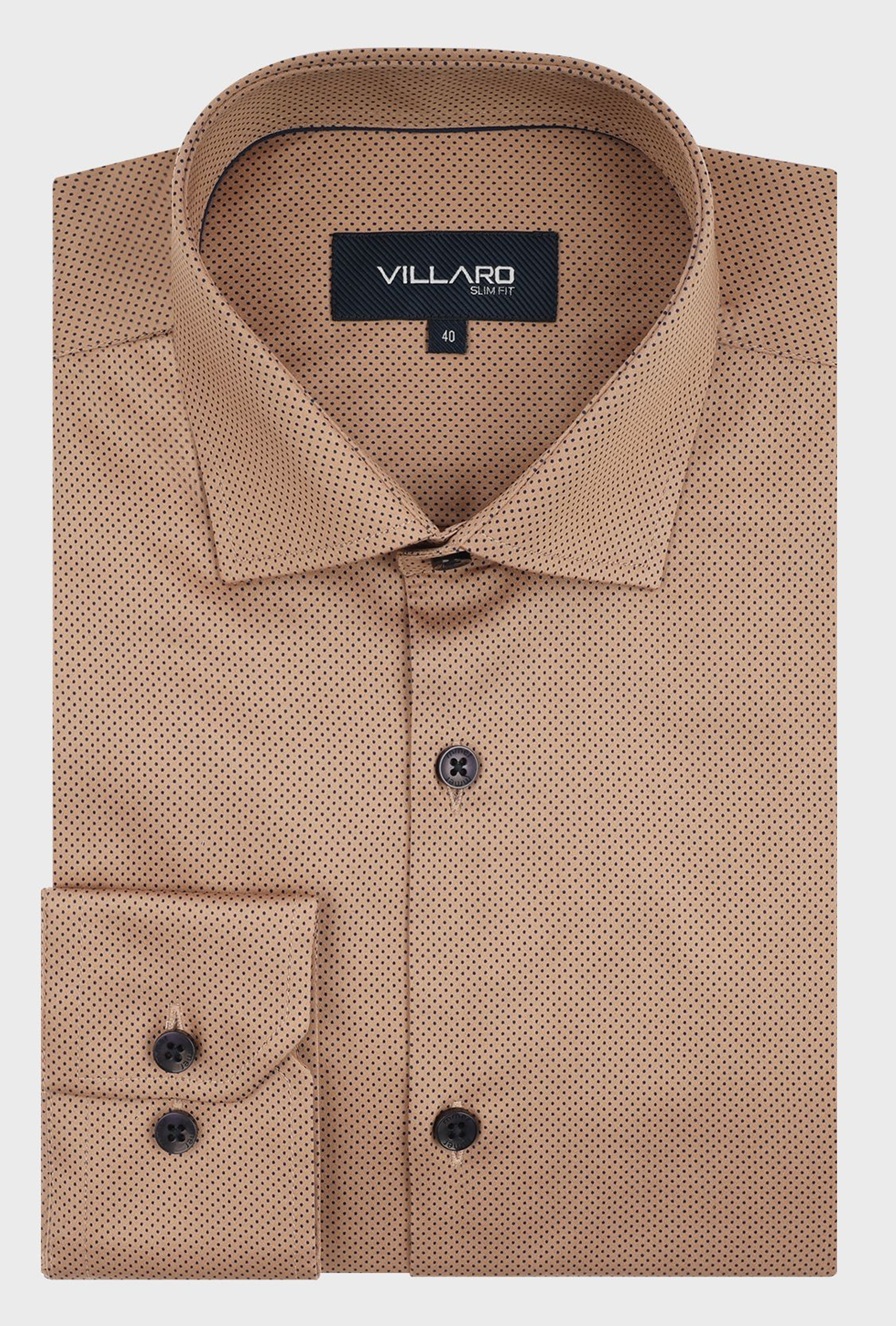 Pánská košile dlouhý rukáv VILLARO by MMER J250DSL Slim Fit hnědá modré puntíky Prodloužená Velikost: 43