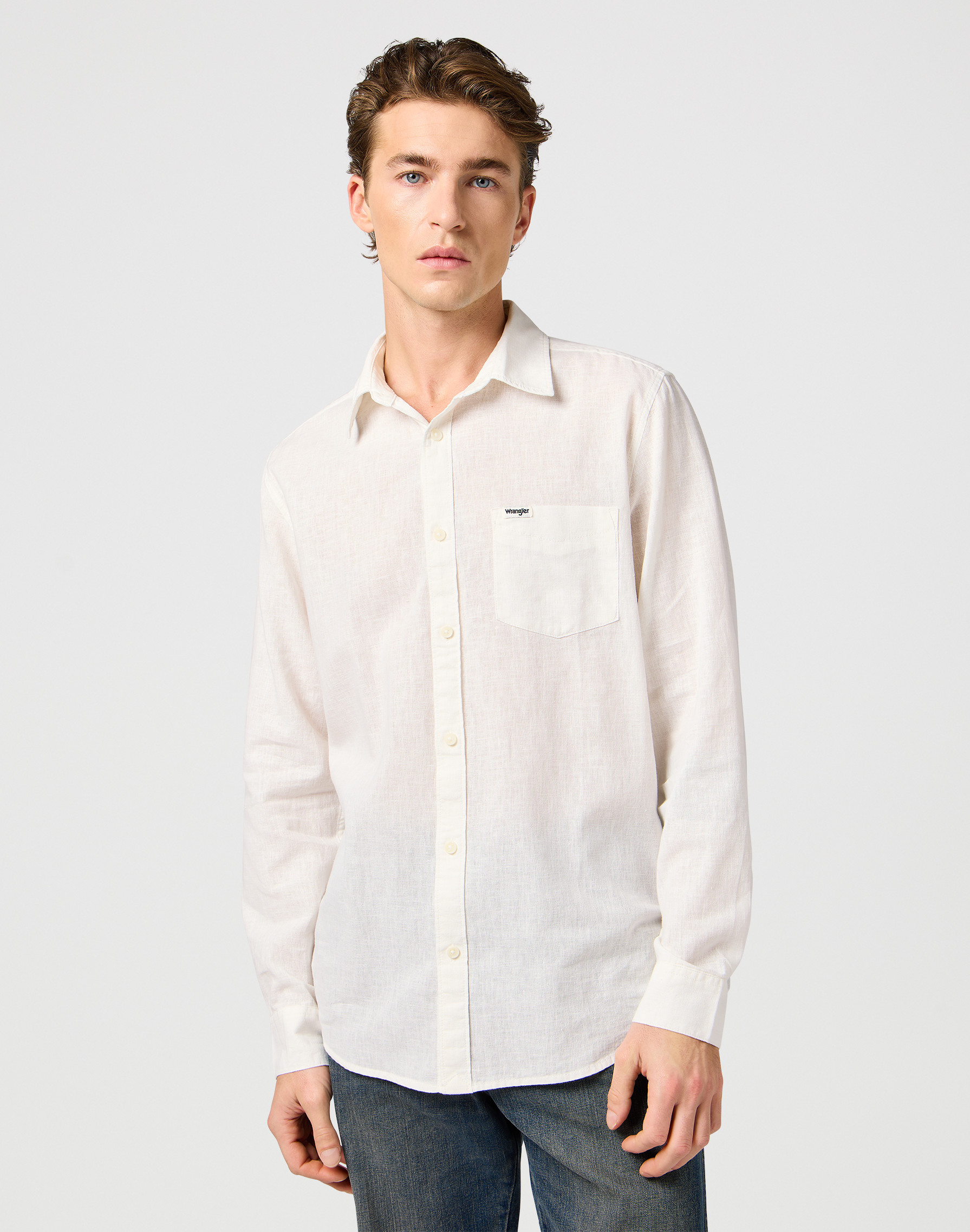 Pánská lněná košile dlouhý rukáv WRANGLER 112362907 1 PKT SHIRT White Velikost: S