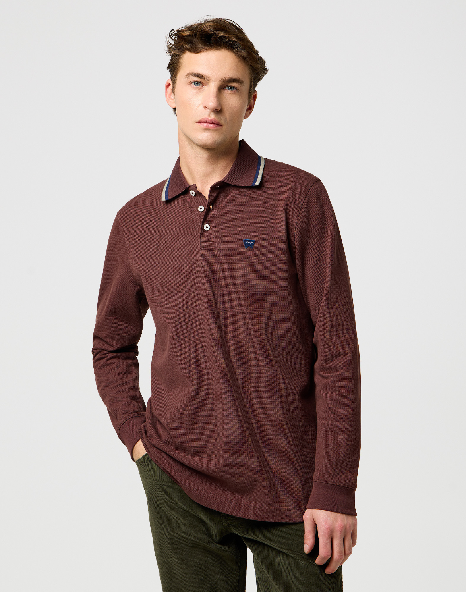 Pánská polokošile dlouhý rukáv WRANGLER 112371508 LS POLO SHIRT Mahogany Velikost: L