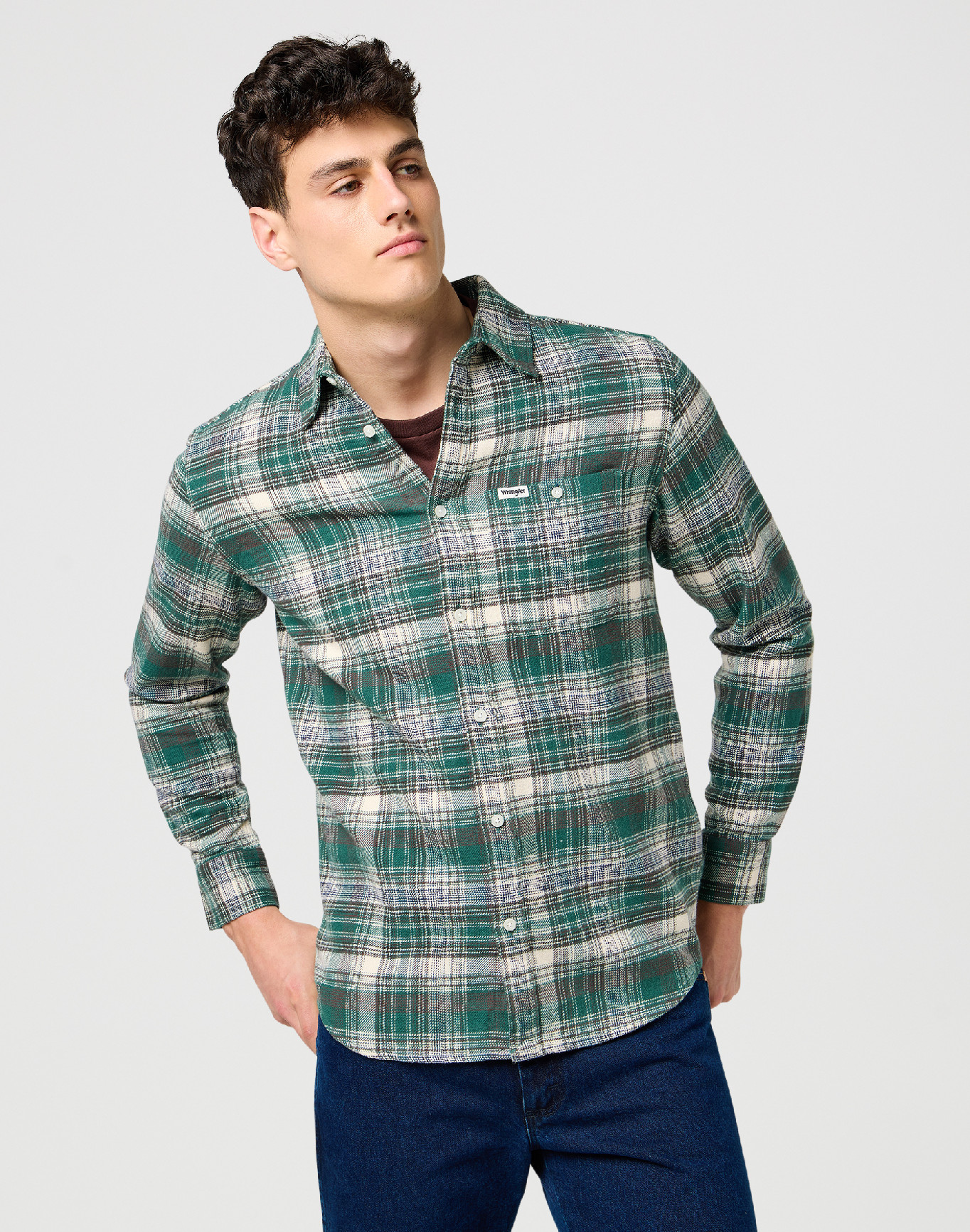 Pánská košile dlouhý rukáv WRANGLER 112371557 BRUSHED 1 PKT SHIRT Green Birch Velikost: L