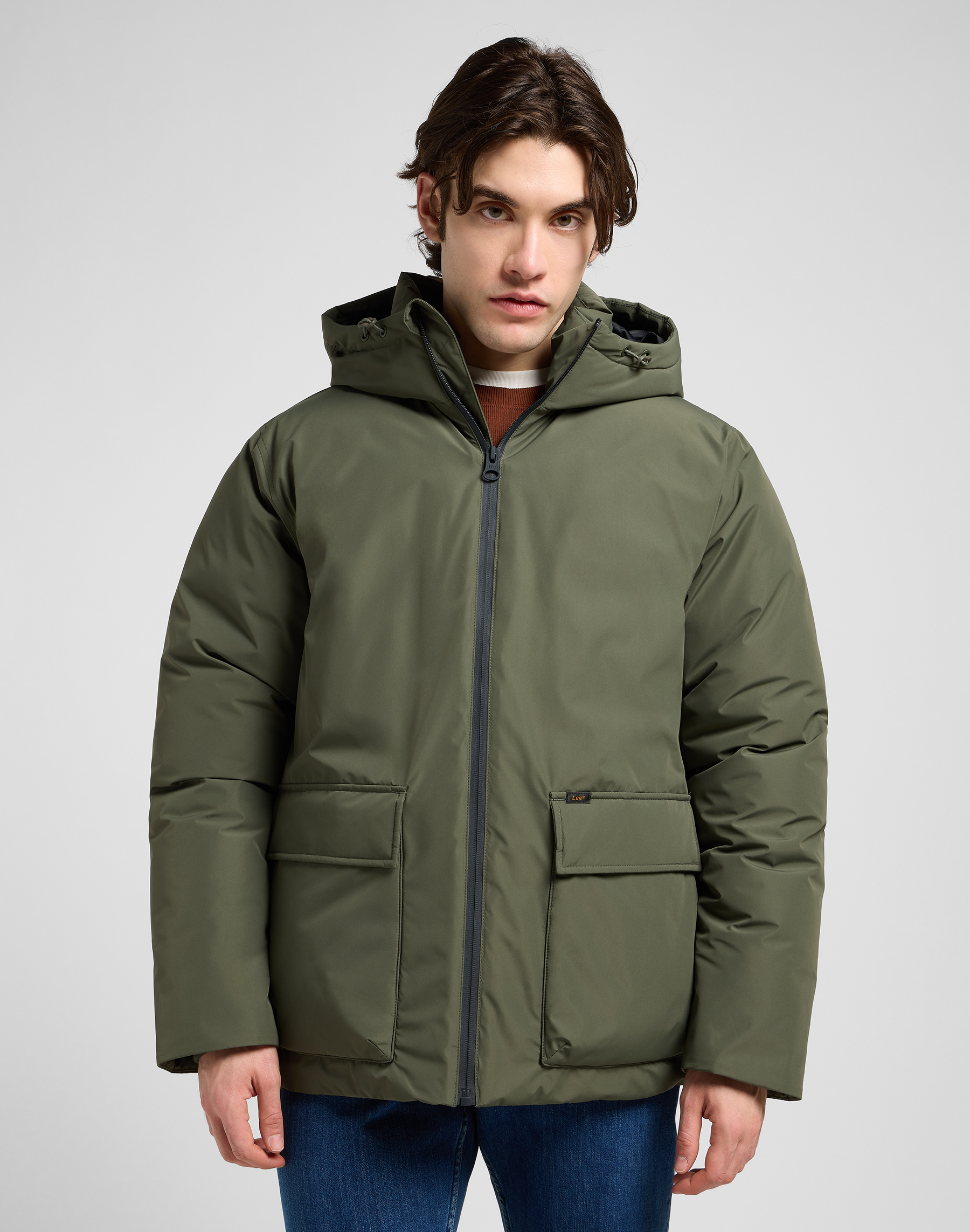 Pánská zimní bunda LEE 112370434 HOODED SHORT PUFFER Olive Gray Velikost: XXL