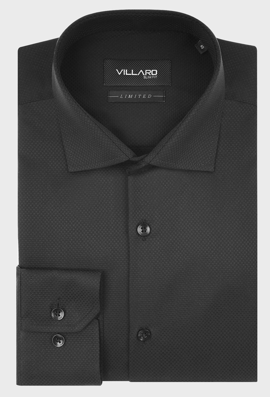 Pánská košile dlouhý rukáv VILLARO by MMER 445DRA Regular Fit černá strukturovaná Prodloužená Velikost: 43