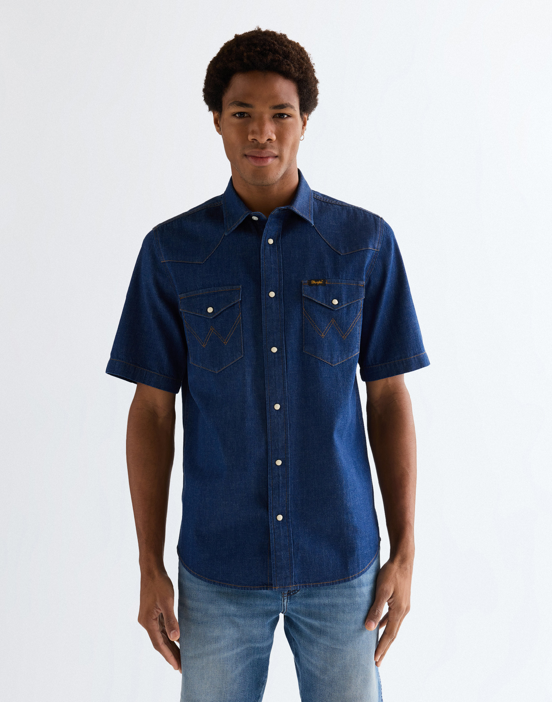 Pánská džínová košile krátký rukáv WRANGLER 112378127 SS WESTERN SHIRT Caroline Creek Velikost: S