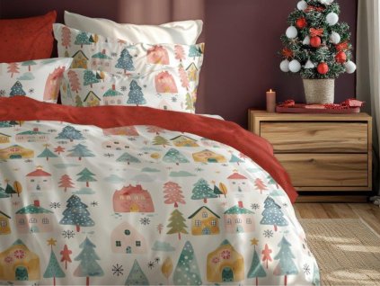 Vánoční bavlněné povlečení 220x200 + 2 x 70x80 cm - Vánoční domečky 5