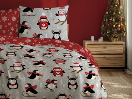 Vánoční bavlněné povlečení 220x200 + 2 x 70x80 cm - Tučňáci na sněhu