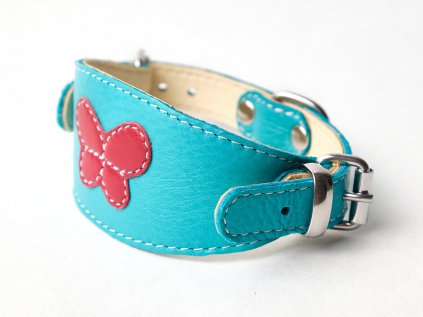 kozeny obojek pro chrty modry s motylem